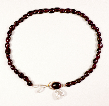 Garnet, gold, and freshwater cultured pearl necklace. One of a kind.