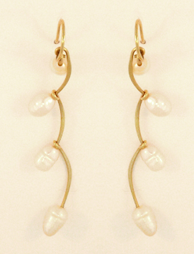 Joined Curves Earrings, 14 Kt. Gold and Freshwater Cultured Pearl
