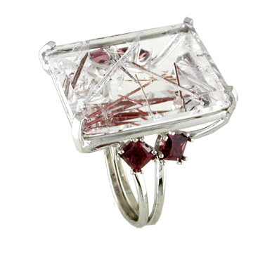 Rutilated Quartz Ring with Rhodolite Garnets and 14 kt. white gold